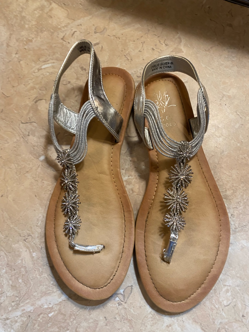 Women's Silver Embellished T-Strap Sandals